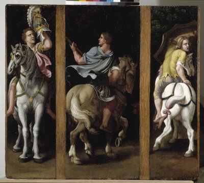 Drie Romeinse soldaten te paard door Giulio Romano