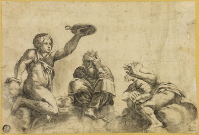 Tijd gezeten op wolken, geflankeerd door twee andere engelen door Giulio Romano