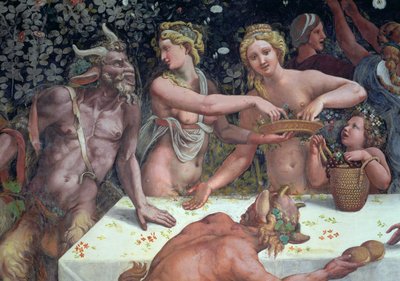 Twee Horae die bloemen strooien, bekeken door twee saters (detail) door Giulio Romano
