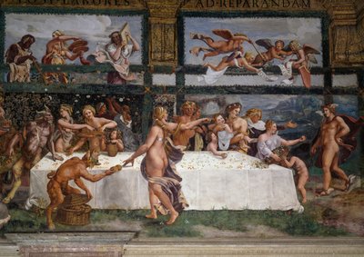 Bruiloftsfeest of banket van goden, fresco door Giulio Romano, westmuur van de Kamer van Cupido en Psyche, Palazzo Te, Mantua, Lombardije, Italië door Giulio Romano