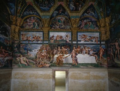 Bruiloftsfeest of banket van goden, fresco door Giulio Romano, westmuur van de Kamer van Cupido en Psyche, Palazzo Te, Mantua, Lombardije, Italië door Giulio Romano