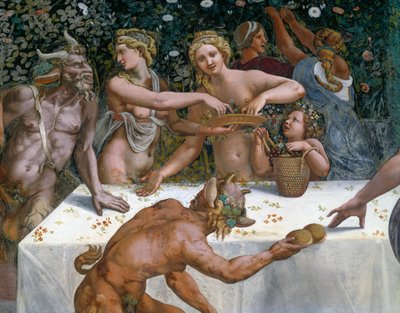 Bruiloftsfeest of Banket van de goden, fresco door Giulio Romano (1499-1546), westelijke muur van de Kamer van Cupido en Psyche, Palazzo Te, Mantua (UNESCO Werelderfgoedlijst, 2008), Lombardije, Italië door Giulio Romano