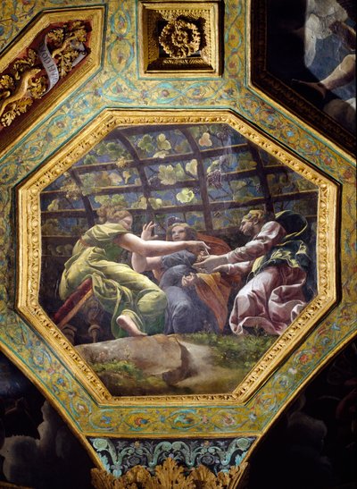 Vrouwen die druiven verzamelen, plafondcassette uit de Sala di Amore e Psiche, 1528 door Giulio Romano