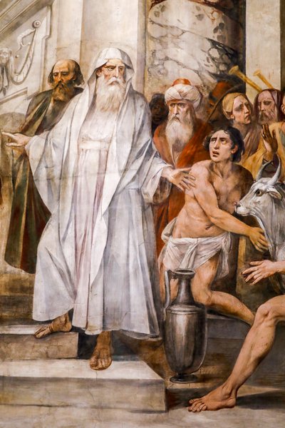 Numa Pompilius die de cultus van de Vestaalse maagden instelt (detail) door Giuseppe Cesari