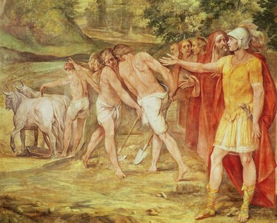 Romulus markeert de grenzen van Rome, uit de Sala dei Horatii e Curatii door Giuseppe Cesari