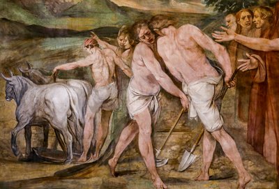 Romulus ploegt de grenslijn rond de toekomstige stad Rome (detail) door Giuseppe Cesari
