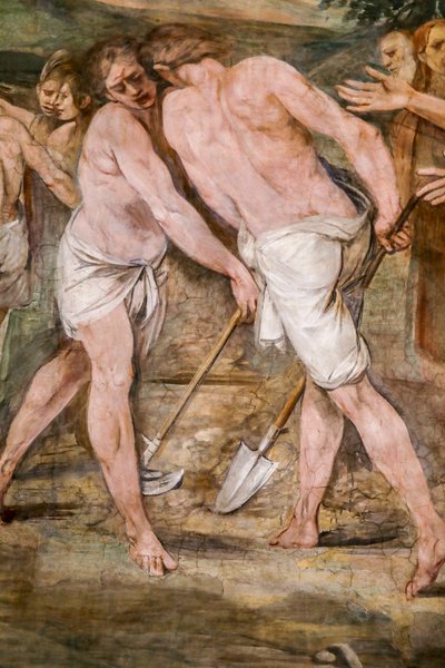 Romulus ploegt de grenslijn rond de toekomstige stad Rome (detail) door Giuseppe Cesari
