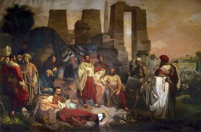 Egyptoloog Jean Francois Champollion zittend in het midden, omringd door Ippolito Rosellini en Gaetano Rossellini door Giuseppe Angelelli