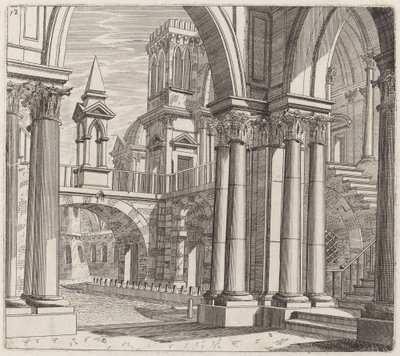 Architectonische fantasie met gebouwen, trappen en portalen naast een kanaal door Giuseppe Antonio Landi