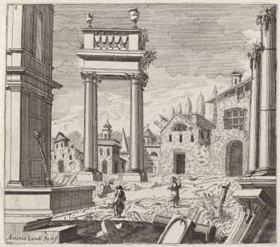 Architectonische Fantasie met Klassieke Ruïnes en Volksgebouwen door Giuseppe Antonio Landi
