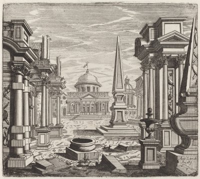Architectonische fantasie met obelisken, ruïnes en een piazza door Giuseppe Antonio Landi