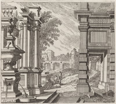 Architectonische Fantasie met een Fontein, Klassieke Ruïnes en een Brug door Giuseppe Antonio Landi