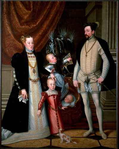 Keizer Maximiliaan II (1527-1576) met zijn familie: Maria van Spanje (1528-1603), en hun kinderen Anne (1549-1580), Rodolph (1552-1612) en Ernest (1553-1591) door Giuseppe Arcimboldo