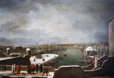 Uitzicht op de haven van Genua in de sneeuw door Giuseppe Bacigalupo