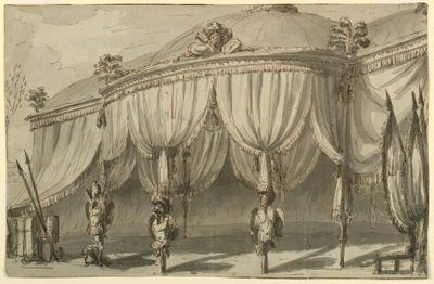 Toneelontwerp, een paviljoen met oorlogstrofeeën door Giuseppe Barberi