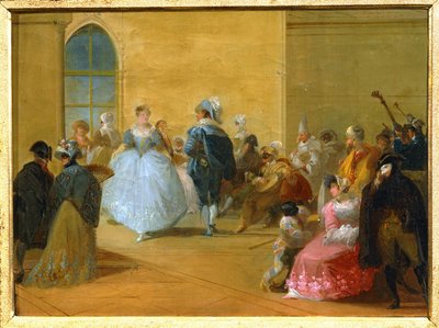 Een Venetiaans gemaskerd bal ... (schilderij op doek) door Giuseppe Bernardino Bison
