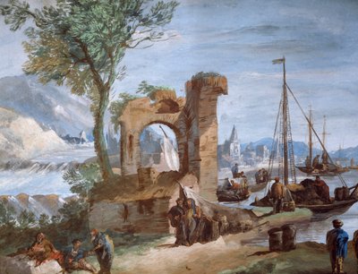 Denkbeeldig uitzicht: Haven met ruïnes en waterval door Giuseppe Bernardino Bison