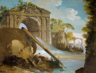 Denkbeeldig uitzicht: Rivier met vissers en ruïnes, door Giuseppe Bernardino Bison (1762-1844) door Giuseppe Bernardino Bison