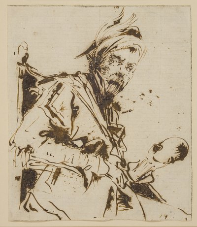 Mannelijke half-lengte zittend in een stoel met een gevederde hoed en een schedel(?) in zijn linkerhand door Giuseppe Bernardino Bison