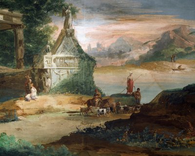 Herders in denkbeeldig landschap door Giuseppe Bernardino Bison