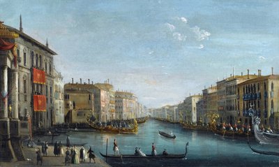 Uitzicht op het Canal Grande vanaf het Palazzo Balbi richting de Rialtobrug met een regatta door Giuseppe Bernardino Bison
