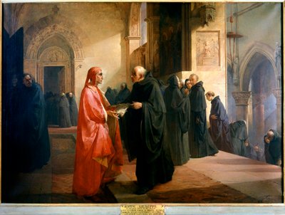 Dante Alighieri overhandigt broeder Ilario een notitieboekje met een deel van de Goddelijke Komedie door Giuseppe Bertini