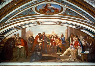 Galileo Galilei demonstreert de zwaartekrachtwet in aanwezigheid van Giovanni De