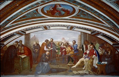 Galileo Galilei (1564-1642) demonstreert de wet betreffende val en zwaartekracht. Galilei demonstreert de ervaring met een hellend vlak tijdens een openbare lezing in Pisa. door Giuseppe Bezzuoli