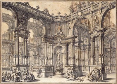 Het portiek van een Italiaans paleis met een fontein versierd met een standbeeld van Fortuna door Giuseppe Bibiena