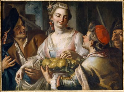 Carnaval. Feestscène in Venetië, een jongeman biedt een fruitschaal aan een jonge vrouw die een appel pakt, omringd door personages waaronder een met een grotesk masker van de commedia dell