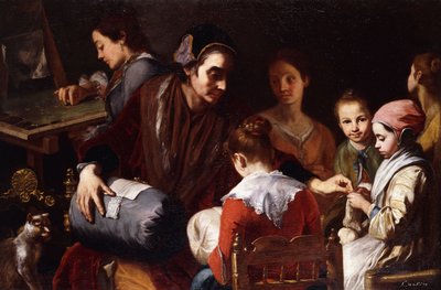 Meisjes die naaiwerk leren van een naaister door Giuseppe Bonito