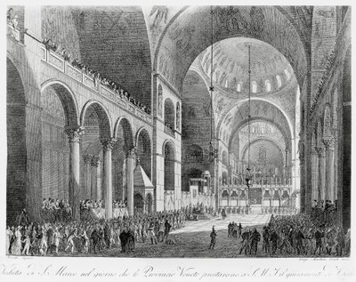 Venetiaanse provincies zweren trouw aan Oostenrijkse keizer Frans II (1768-1835) in de Basiliek van San Marco in Venetië, 7 mei door Giuseppe Borsato