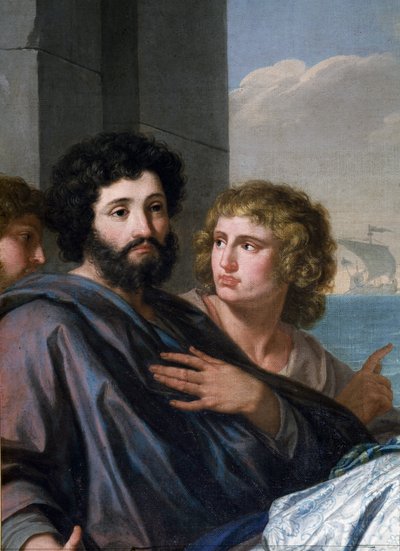 Heilige Paula (Santa Paola Romana) vertrekt naar het Heilige Land. Een weduwe op 33-jarige leeftijd, ze volgde Sint Hiëronymus en vertrok met haar dochter Sainte Eustochium op een pelgrimstocht met hem in 385 naar de Heilige Plaatsen. Detail van een man me door Giuseppe Bottani