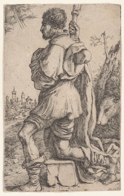 Sint Rochus, knielend op een steen, gezien vanaf de zijkant met zijn hond achter hem door Giuseppe Caletti