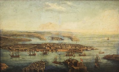 Een uitzicht op Grand Harbour, Marsamxett en Valletta door Giuseppe Caloriti