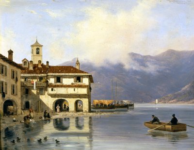 Como. Oever en haven van Menaggio (1850). Schilderij door Canella door Giuseppe Canella
