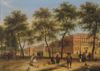 Vermoedelijk uitzicht op de Paseo del Prado met het Prado Museum, Madrid, 1827 door Giuseppe Canella