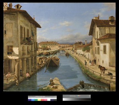Uitzicht op het Naviglio-kanaal vanaf de San Marco-brug in Milaan door Giuseppe Canella