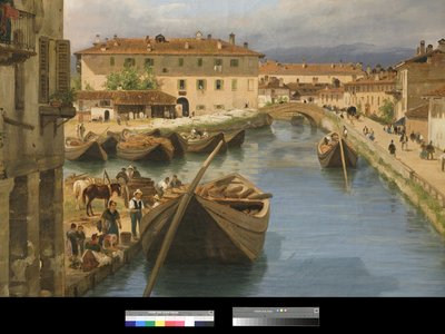 Uitzicht op het Naviglio-kanaal vanaf de San Marco-brug in Milaan, 1834 door Giuseppe Canella