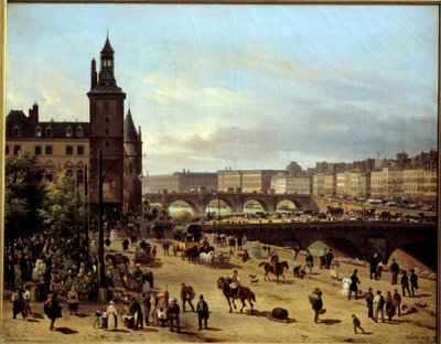 Zicht op de Bloemenwandeling, Klokkentoren, Pont au Change en Pont-Neuf in Parijs door Giuseppe Canella