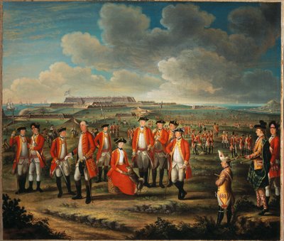 Lady Louisa Lennox met het Regiment van haar man, 25e Regiment of Foot, met Lord George Lennox naast haar, en Fort St Philip, Port Mahon, op de achtergrond door Giuseppe Chiesa