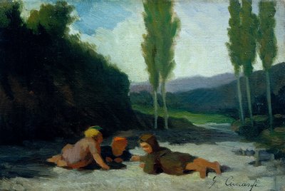 Kinderen die spelen aan de oever van een rivier door Giuseppe Ciaranfi