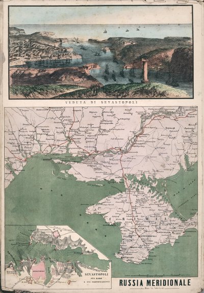 Kaart van Zuid-Rusland met uitzicht op de Baai van Sebastopol en zijn fortificaties, 1853 door Giuseppe Civelli