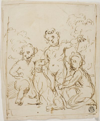 Drie Putti en hond in een landschap door Giuseppe Diamantini