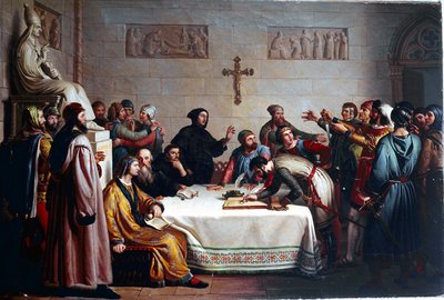 De eed van Pontida Ceremonie van alliantie op 07/04/1167 tussen de gemeenten van Lombardije tegen het Heilige Roomse Rijk van Frederik Barbarossa. Het is de oorsprong van de Lega Lombarda (Lombardische Liga). Schilderij door Giuseppe Diotti door Giuseppe Diotti