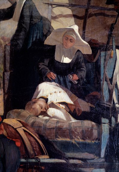 Italiaans militair kamp tijdens de Slag bij Magenta op 4 juni 1859 tijdens de Italiaanse campagne leidend tot een Frans-Sardijnse overwinning onder leiding van Napoleon III tegen de Oostenrijkers - Detail (verpleegster helpt gewonde) door Giuseppe Fattori
