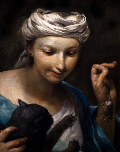 Klein meisje speelt met een kat en een dode muis (detail) door Giuseppe Maria (1665-1747) Crespi
