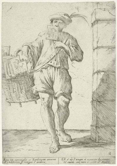 Verkoper van vlaggetjes of waaiers door Giuseppe Maria Mitelli (signed by artist)
