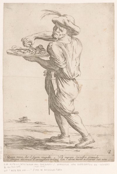 Straatverkoper van kippenkoppen en kippenlevers door Giuseppe Maria Mitelli