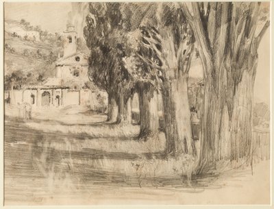 Landschap met een Kerk door Giuseppe Mentessi